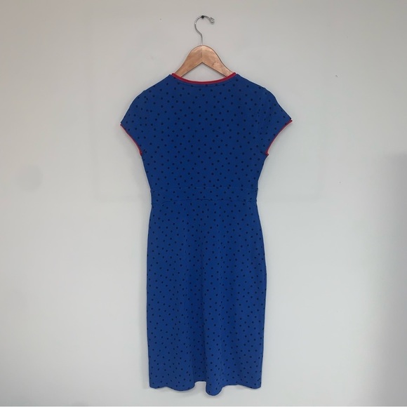 Boden Dress Women's Size 6 US Blue Polka Dot Red Trim Cotton "Aline" Faux Wrap - Picture 5 of 7